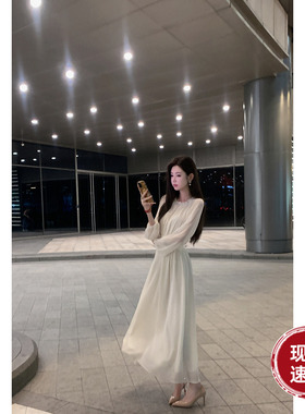 Sun雅乔【维纳斯琴曲】早秋白色长袖轻奢灯笼雪纺连衣裙气质长裙