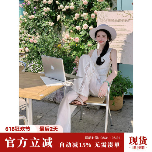 Sun雅乔【新贵女郎】下午无袖通勤亚麻马甲上衣阔腿裤两件套装女