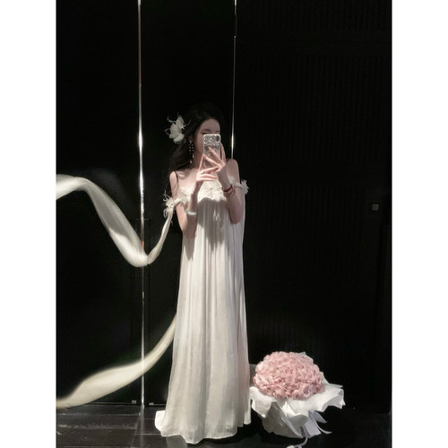 雅乔【人间惊鸿】夏装露肩白月光立体花朵飘带鎏光海岛缎连衣长裙