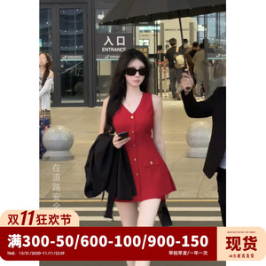 Sun雅乔【炙热信号】早秋一整套红色V领无袖背心+打底短裤套装女