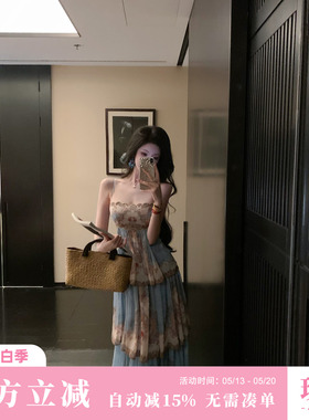 Sun雅乔【黄金海岸】夏季异域欧式度假印花大摆蛋糕裙吊带连衣裙