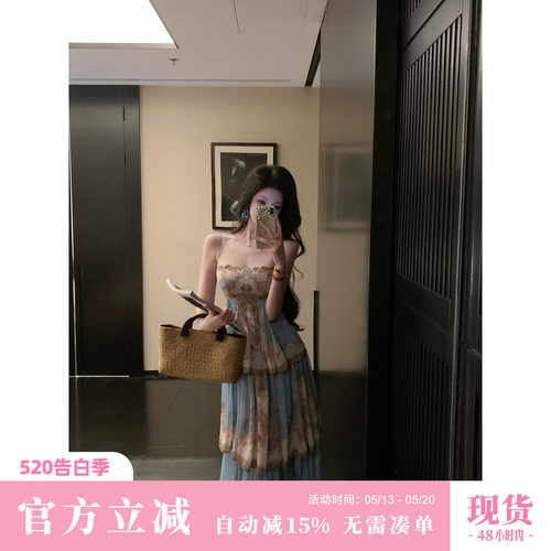 Sun雅乔【黄金海岸】夏季异域欧式度假印花大摆蛋糕裙吊带连衣裙