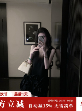 Sun雅乔【诺曼底】夏季背心裙千金风立体花朵无袖V领短款A连衣裙