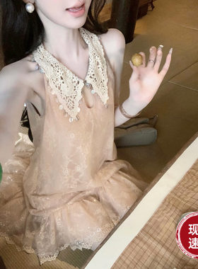 Sun雅乔【爱你】夏季新款减龄娃娃领亮片蕾丝网纱无袖连衣裙短裙