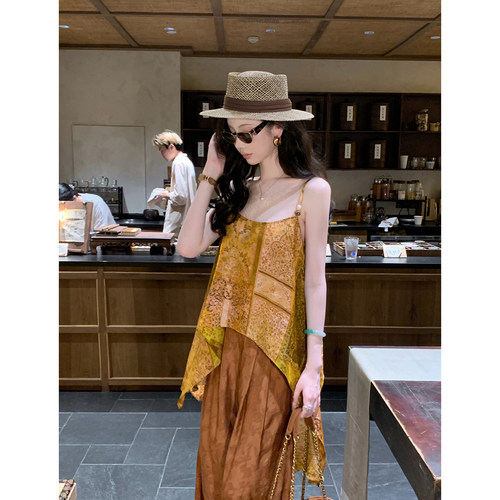Sun雅乔【碎金图腾】夏季新款原宿风不规则下摆人丝提花吊带上衣
