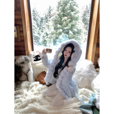 Sun雅乔【贵妇小蛮腰】冬装超暖和狐狸毛领中长款收腰羽绒服女