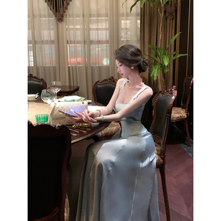 清冷感水蓝素色光感缎面连衣裙礼服裙 夏季 Sun雅乔 千金茶会