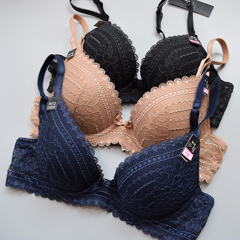 75b法艾ge高及提花蕾丝下厚上薄海绵文胸性感深v小聚拢托胸