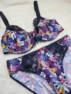 75D法单sans黑蕾丝拼浪漫花卉速干滑料超薄钢圈文胸三角内裤 套装