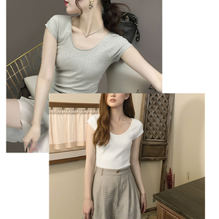 夏薄款 一分袖 弹力罗纹编修身 女士纯棉大圆领插肩短袖