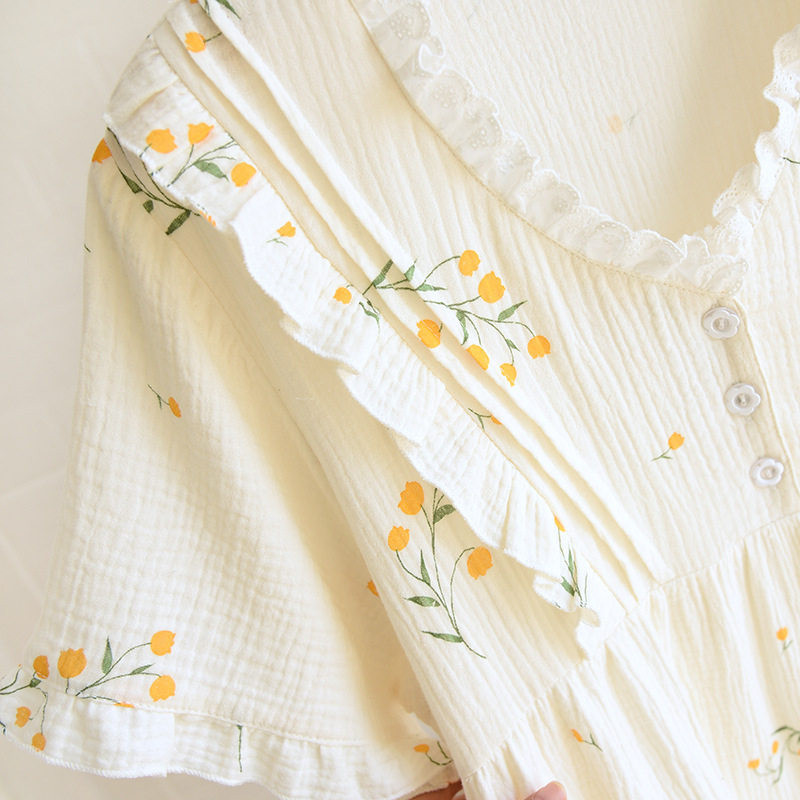 SUMMER NIGHTDRESS WOMENS SMALL V-NECK SWEET LACE JAPANESE PASTORAL STYLE PURE COTTON GAUZE CREPE CASUAL HOME PAJAMAS