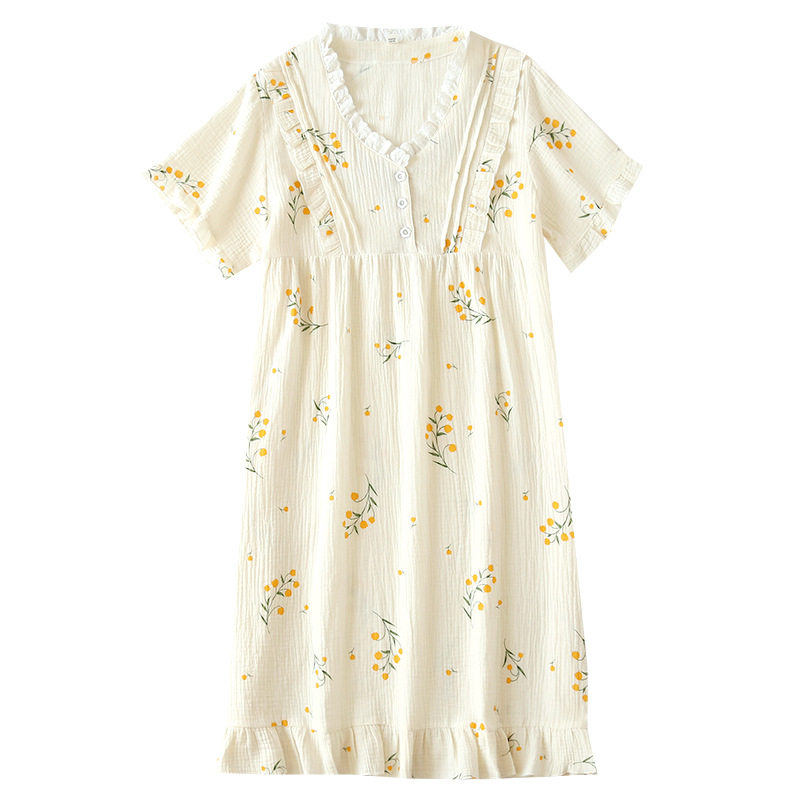 SUMMER NIGHTDRESS WOMENS SMALL V-NECK SWEET LACE JAPANESE PASTORAL STYLE PURE COTTON GAUZE CREPE CASUAL HOME PAJAMAS