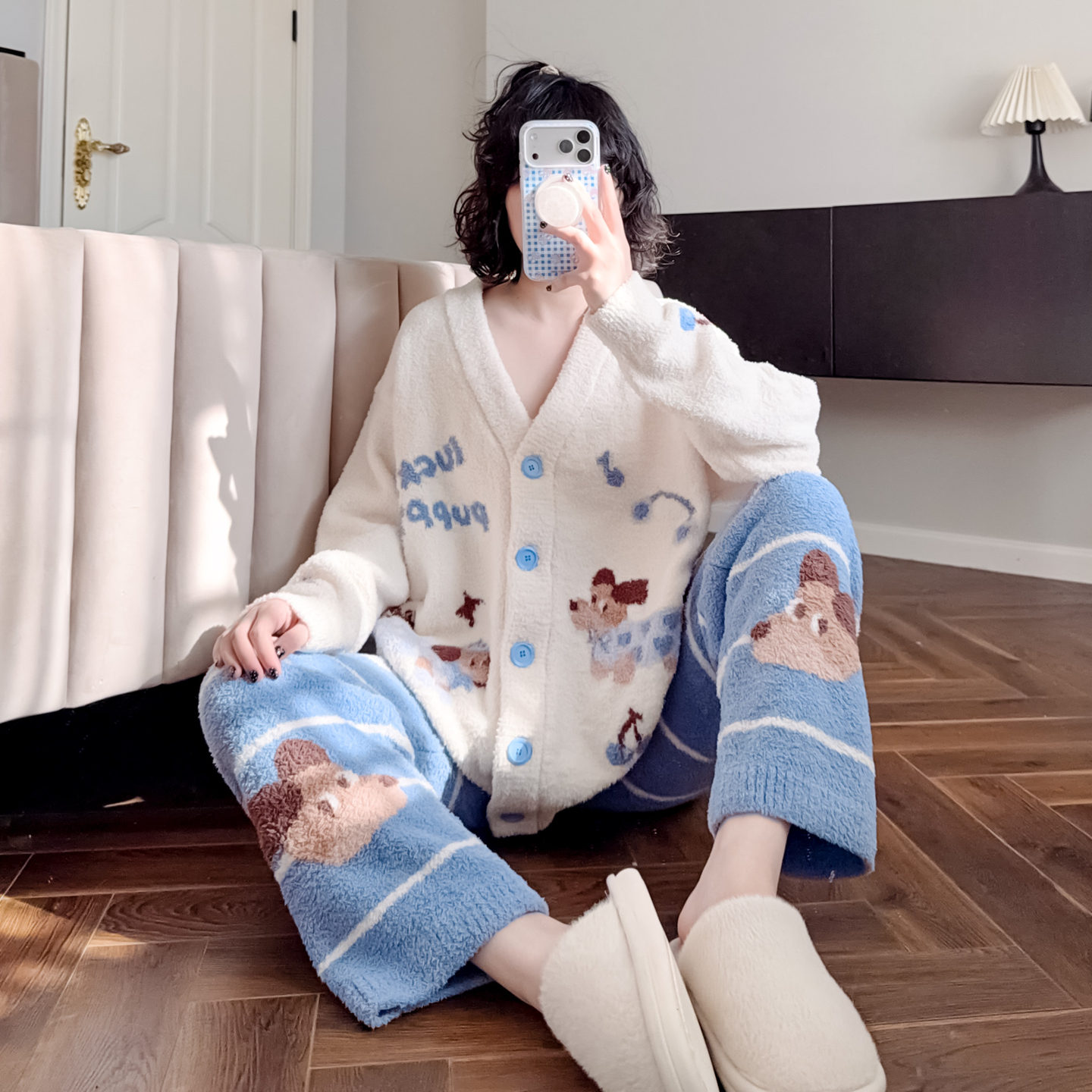 半边绒开衫睡衣秋冬珊瑚绒家居服