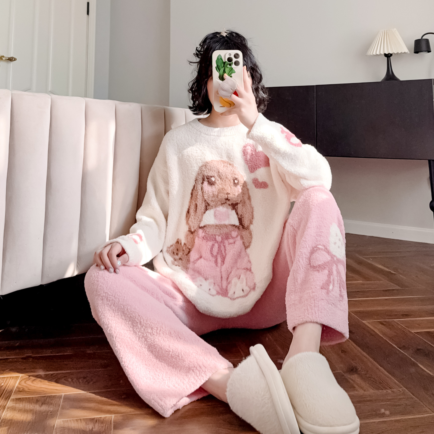 可爱秋冬家居服半边绒珊瑚绒睡衣
