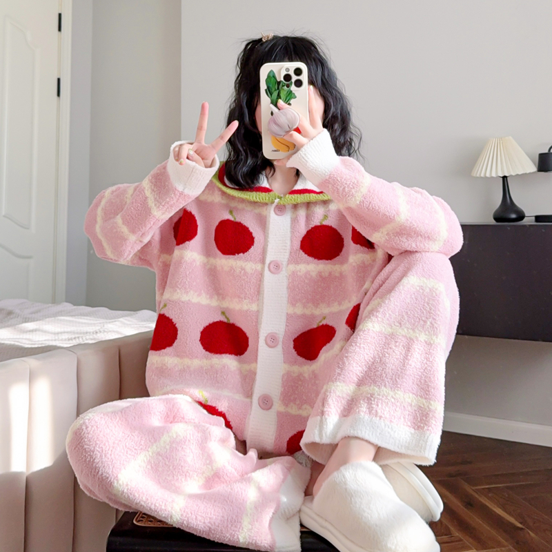冬季睡衣女加绒加厚半边绒家居服