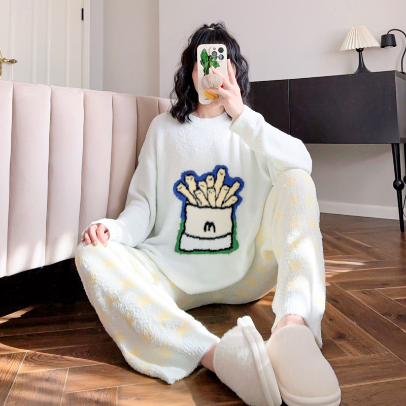 卡通薯条睡衣女秋冬季软绵绵加厚保暖日系新款半边绒可外穿家居服,女士内衣/男士内衣/家居服,睡衣/家居服套装,淘宝优惠券,粉丝福利购,淘宝优惠卷