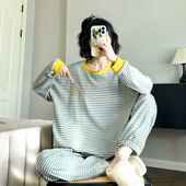 日系可外穿时尚 套装 家居服 束口裤 简约条纹笑脸睡衣女春秋纯棉长袖