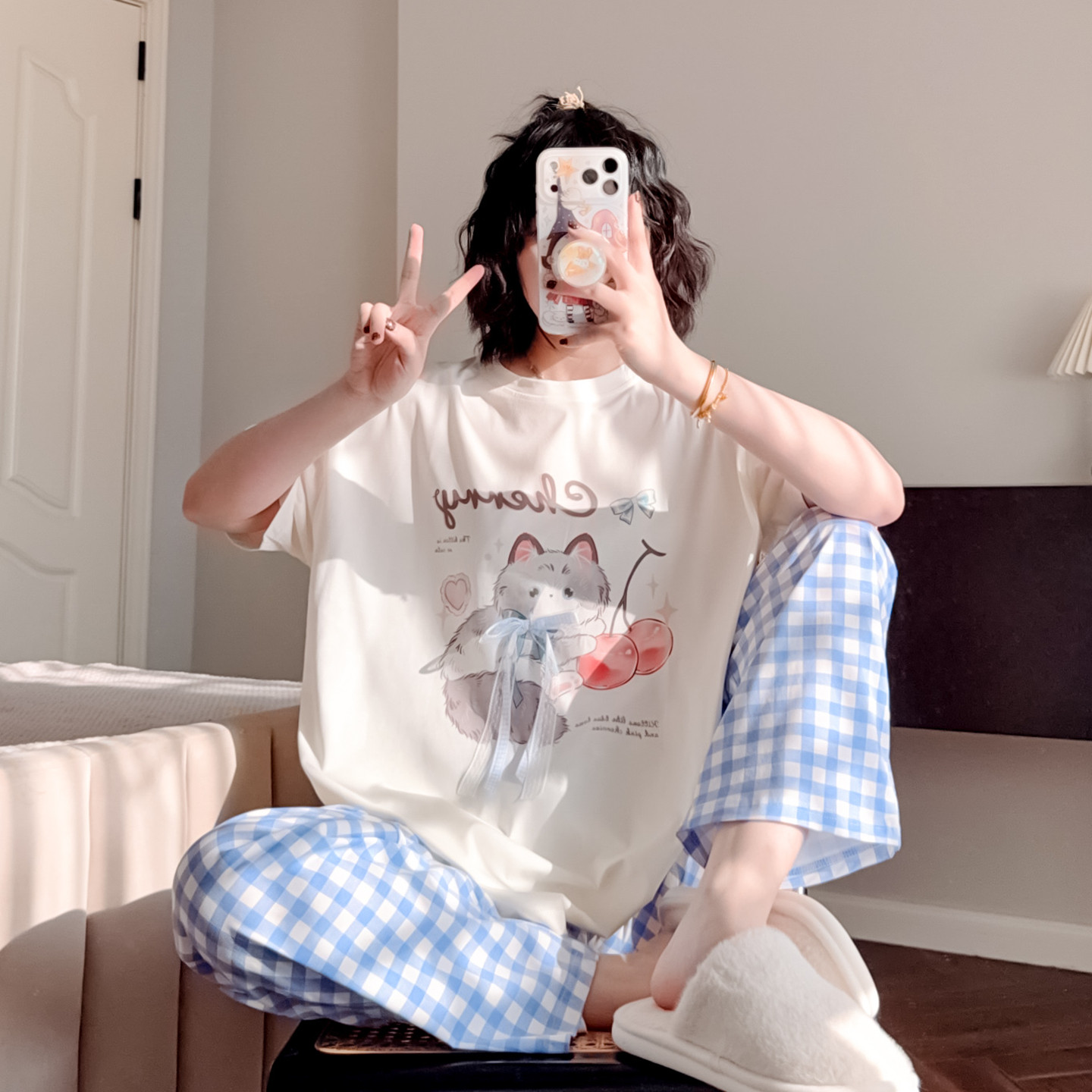 卡通小猫睡衣女生夏季短袖长裤纯棉薄款宽松可外穿甜美可爱家居服,女士内衣/男士内衣/家居服,睡衣/家居服套装,淘宝优惠券,粉丝福利购,淘宝优惠卷