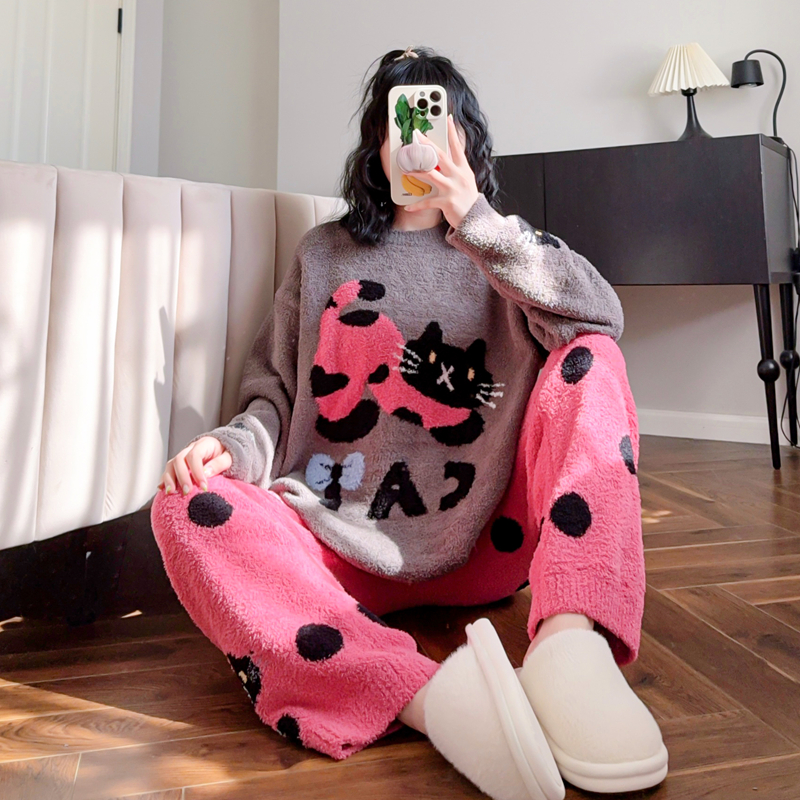 加绒加厚卡通猫家居服女软绵绵冬