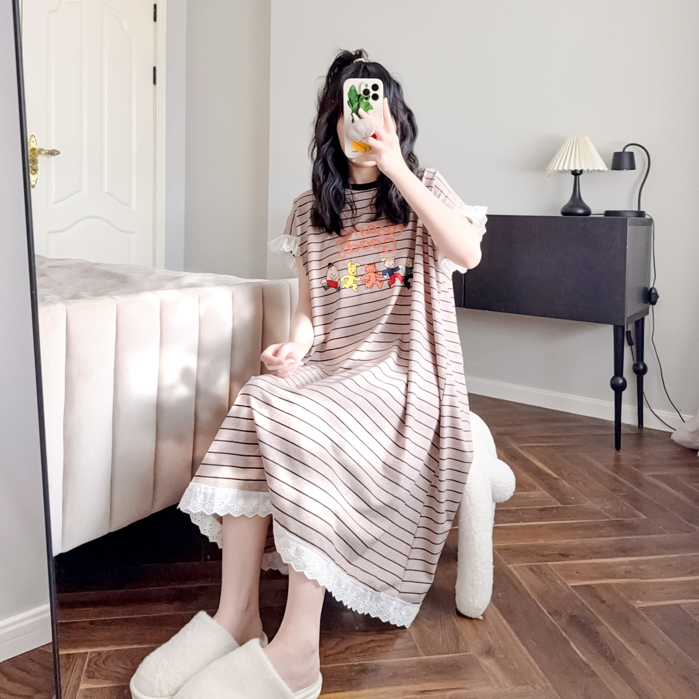 简约条纹睡裙女款夏季短袖纯棉宽松休闲孕妇可外穿韩版睡衣家居服