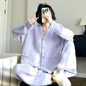 日系软绵绵条纹开衫睡衣女冬珊瑚绒加厚保暖新款宽松可外穿家居服