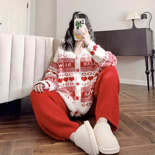 红色小香风冬季 家居服春秋 睡衣女软绵软新年结婚珊瑚绒本命年开衫
