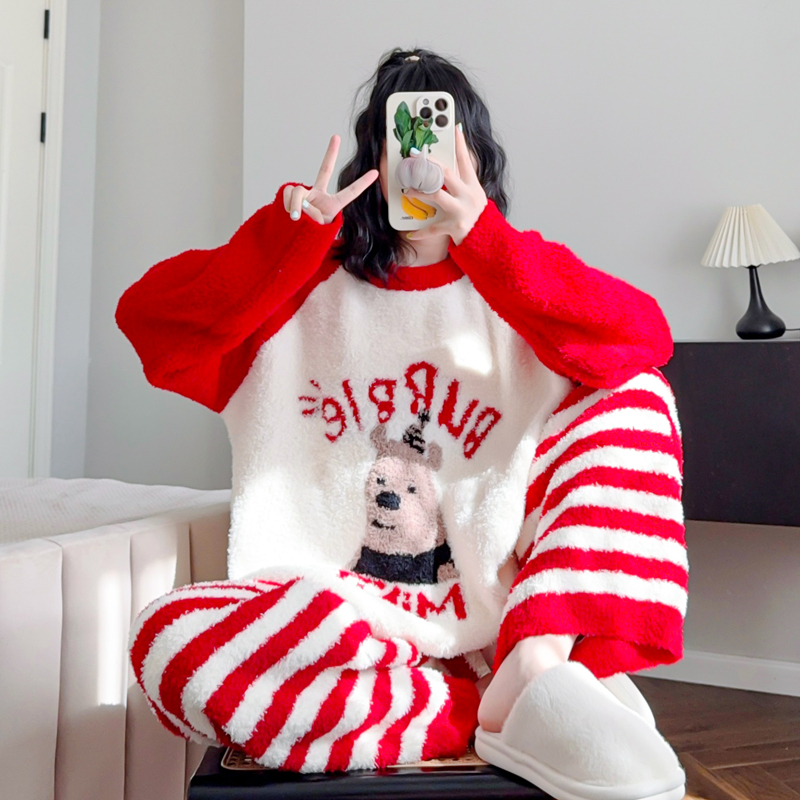 软绵绵睡衣女冬家居服加绒加厚