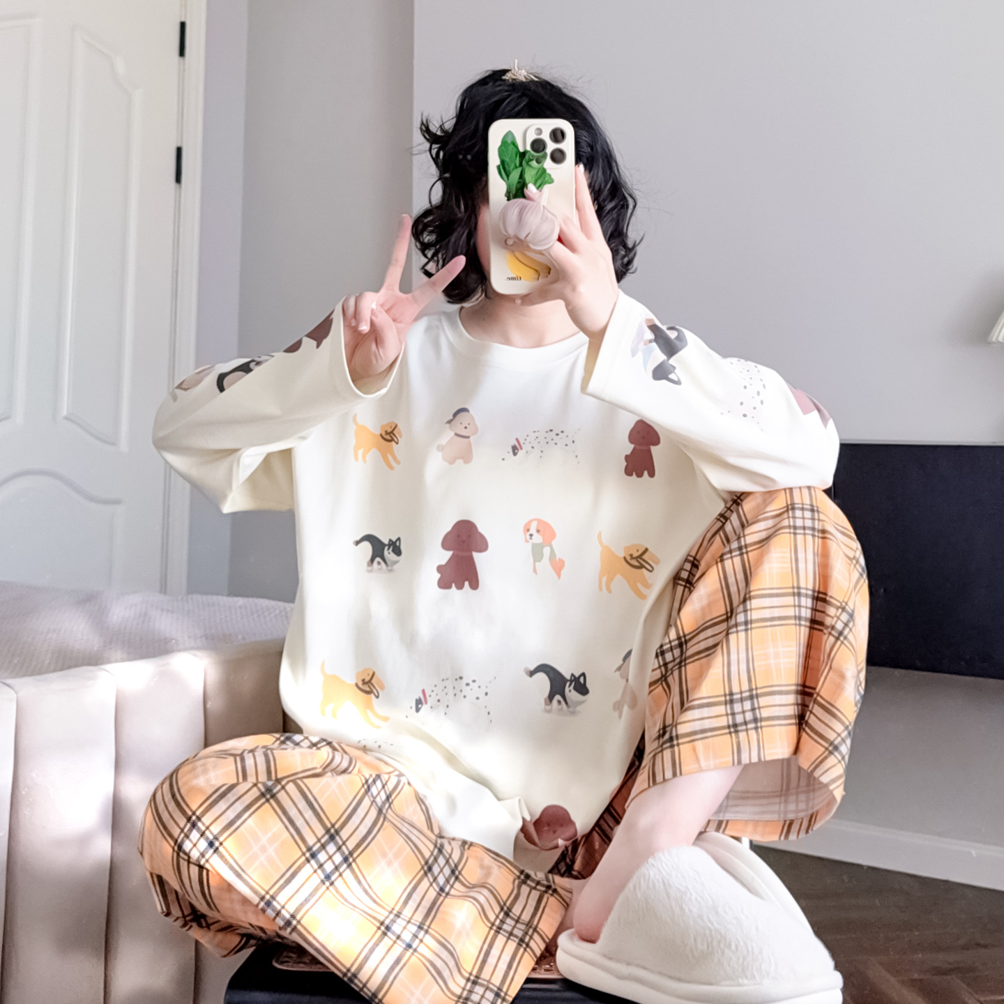 纯棉睡衣长袖格子长裤家居服秋季