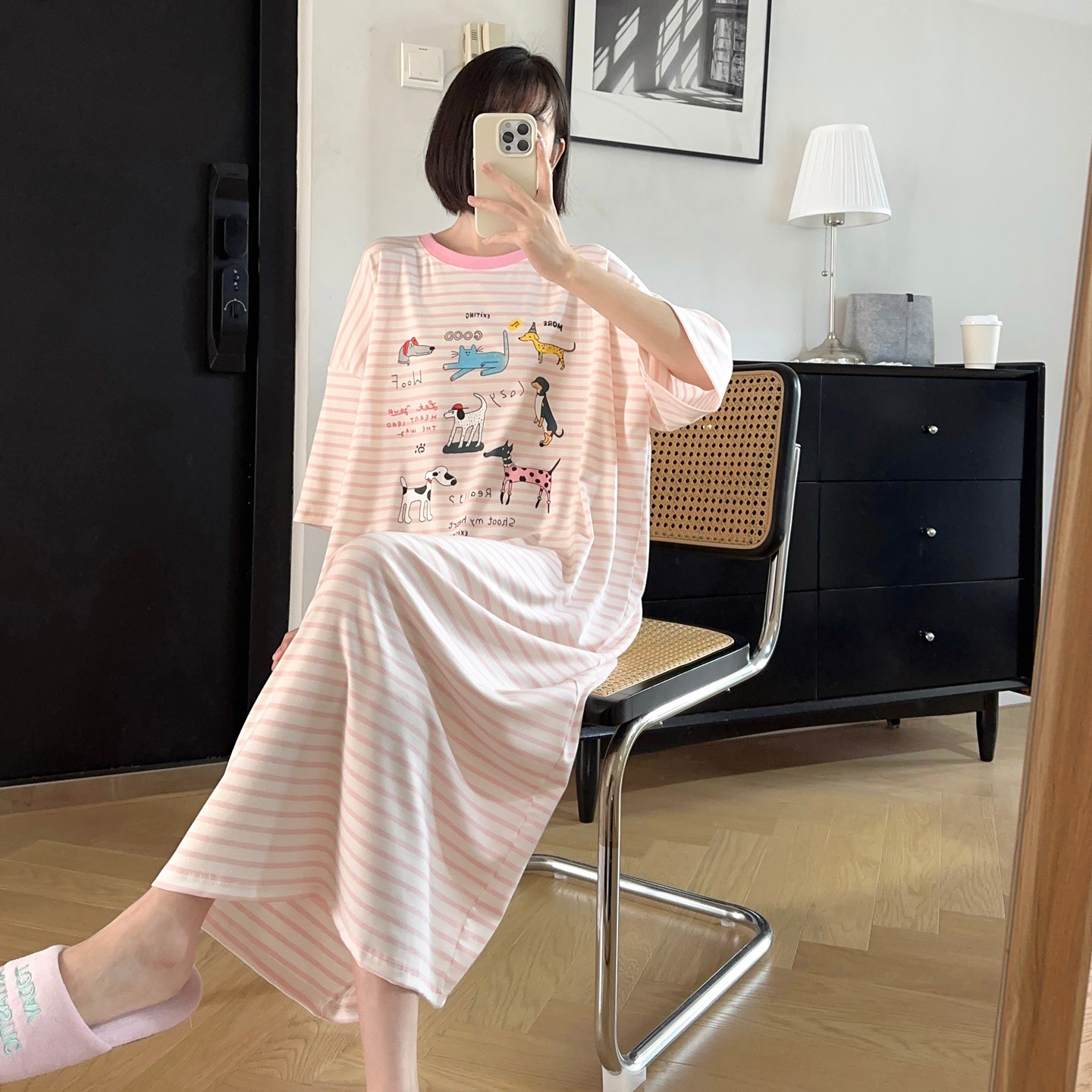 韩系夏季睡裙女纯棉中袖简约条纹长款睡衣可外穿宽松家居服长裙夏