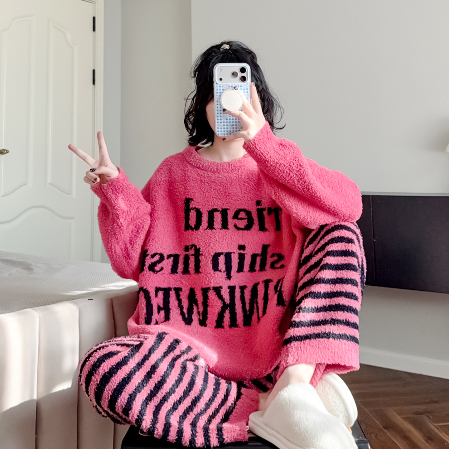 半边绒睡衣长袖秋冬软绵绵家居服