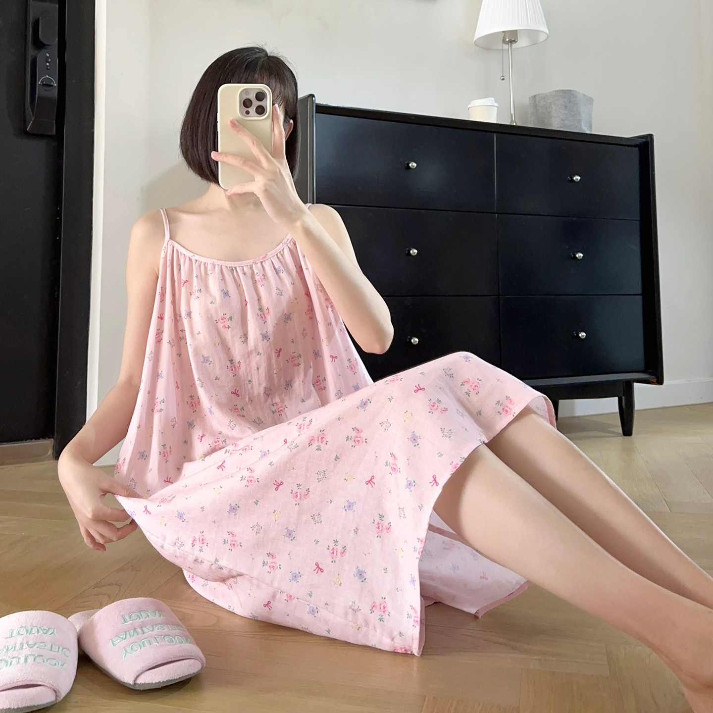 a类全棉双层纱吊带睡裙少女夏季纯棉凉爽新款短美薄款睡衣家居服