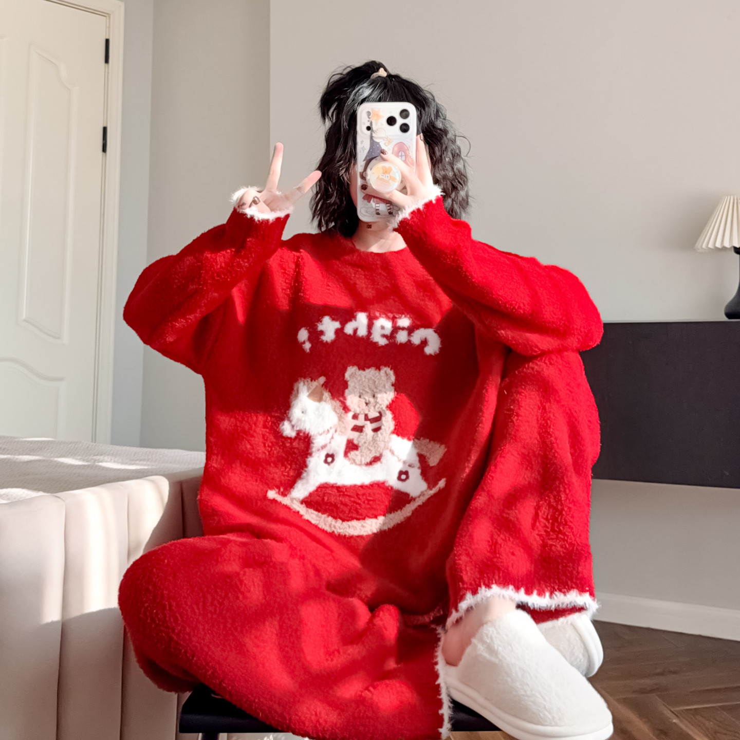 大红色小马睡衣女冬珊瑚绒新年本命年过年可外穿套头软绵绵家居服