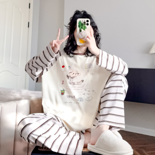 子休闲宽松简约可外穿家居服套装 晚安小熊春秋季 睡衣女纯棉条纹裤