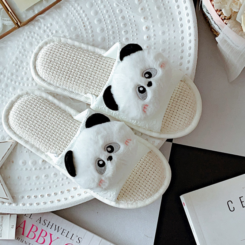 软萌可爱熊猫亚麻拖鞋女春夏室内家用防滑四季卡通居家凉拖女夏天