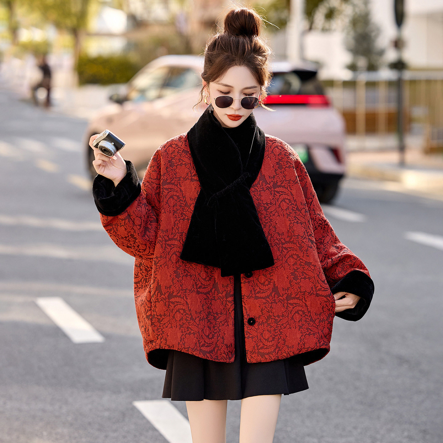 复古中国红提花羽绒服女围脖外套