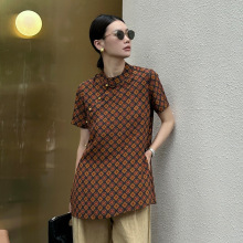 新中式复古格子真丝T恤女2025夏中长款100桑蚕丝旗袍上衣国风衬衫