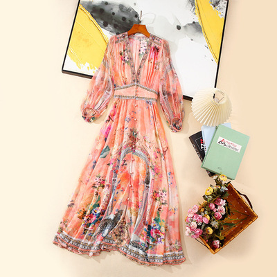 法式宫廷风长袖真丝连衣裙公主裙