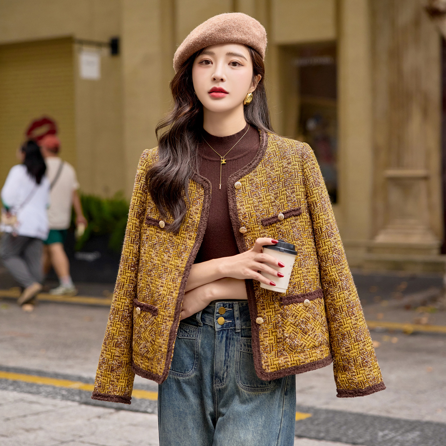 小香风粗花呢羽绒服女毛呢外套冬
