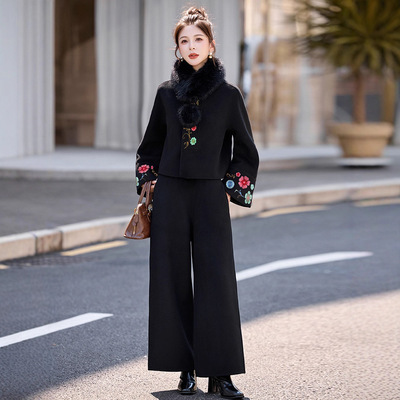 新中式刺绣毛呢外套阔腿裤套装女