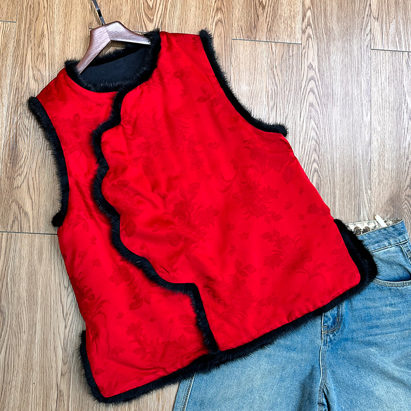 新中式真水貂毛真丝提花夹棉马甲背心女秋冬国风桑蚕丝坎肩小棉袄