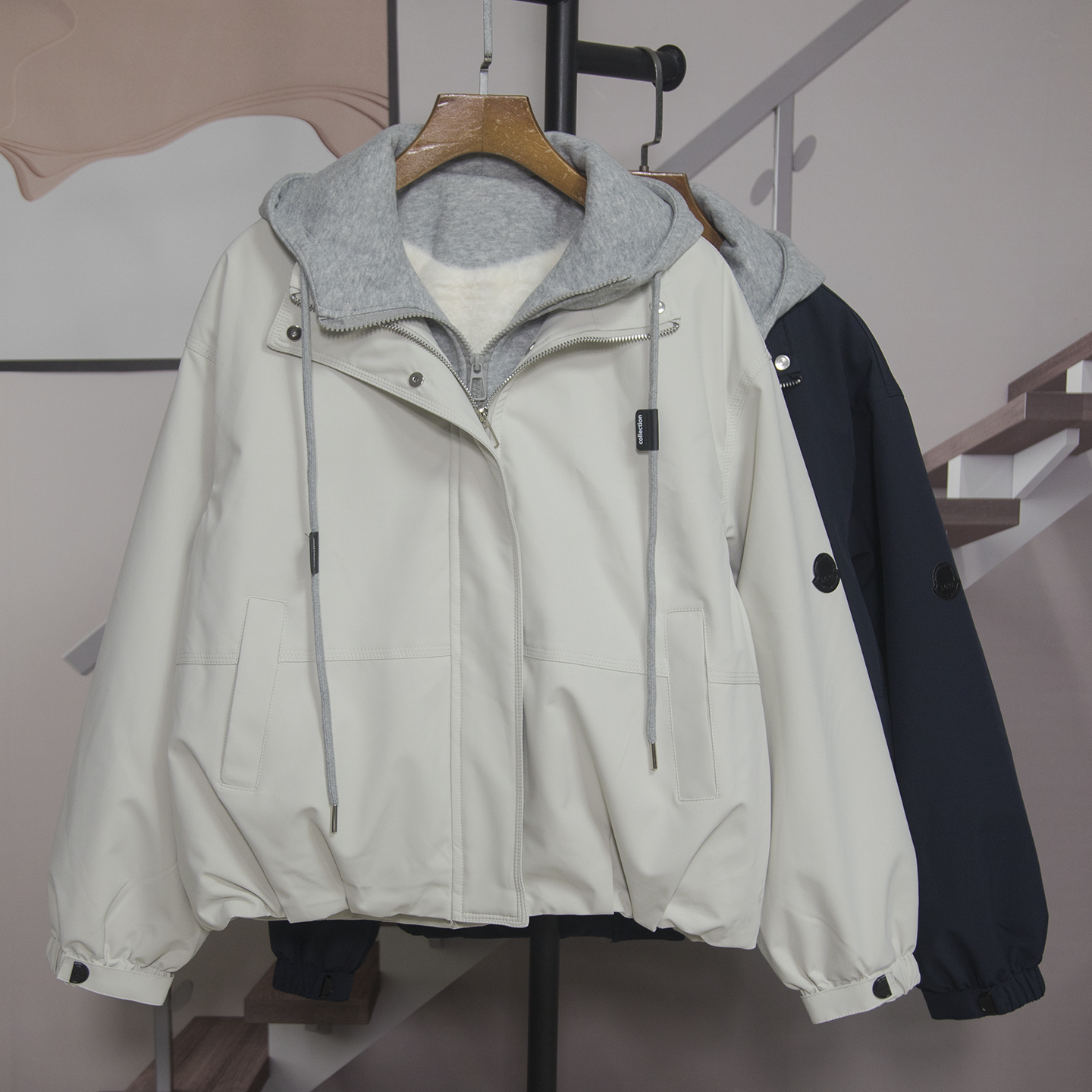 时尚宽松休闲连帽假两件加绒外套女2025冬季新款百搭减龄上衣5273