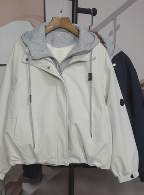 时尚宽松休闲连帽假两件加绒外套女2025冬季新款百搭减龄上衣5273