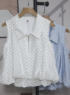 时尚翻领波点无袖衬衫女2026夏季新款半拉链娃娃衫A字版百搭8601
