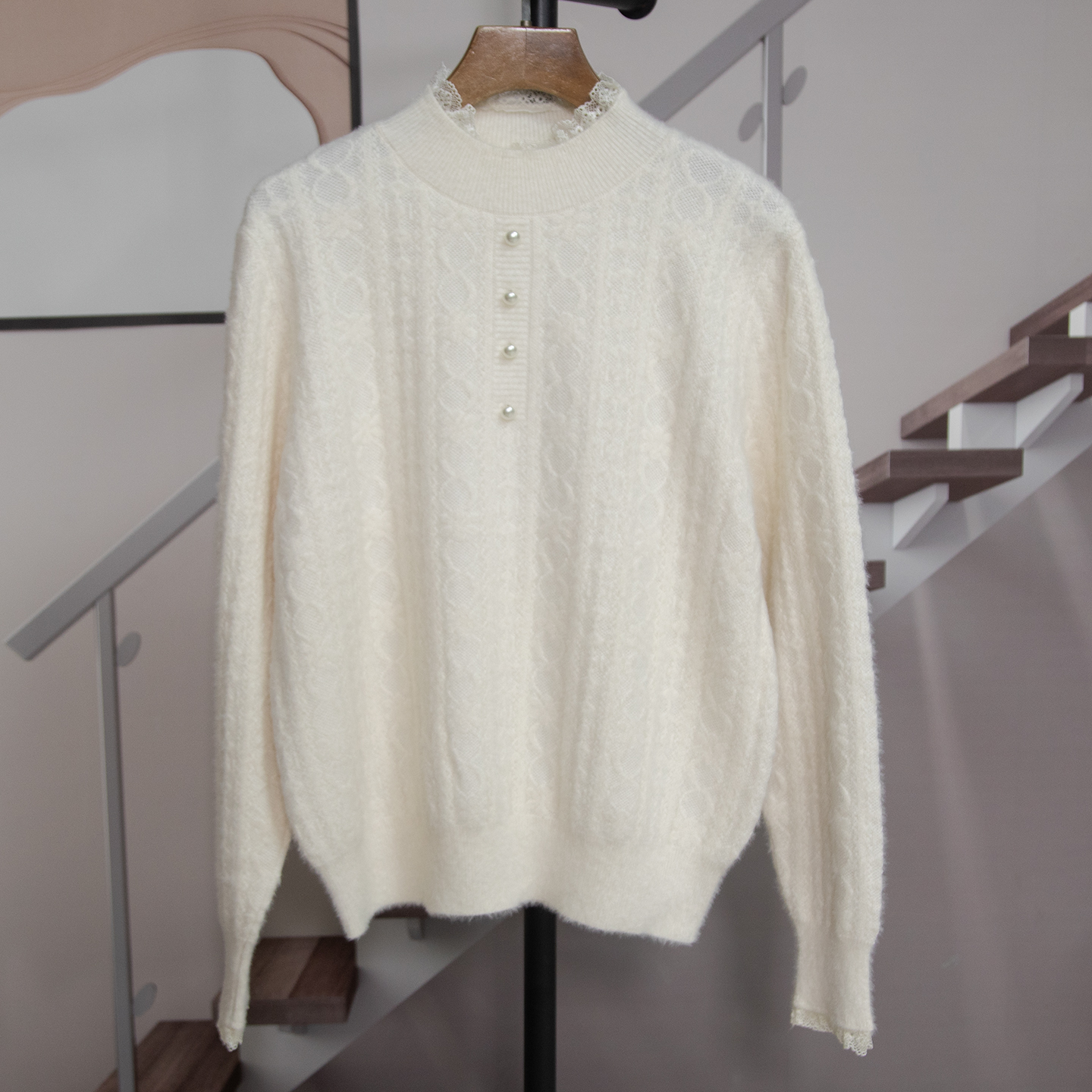 法式温柔风蕾丝边立领针织衫