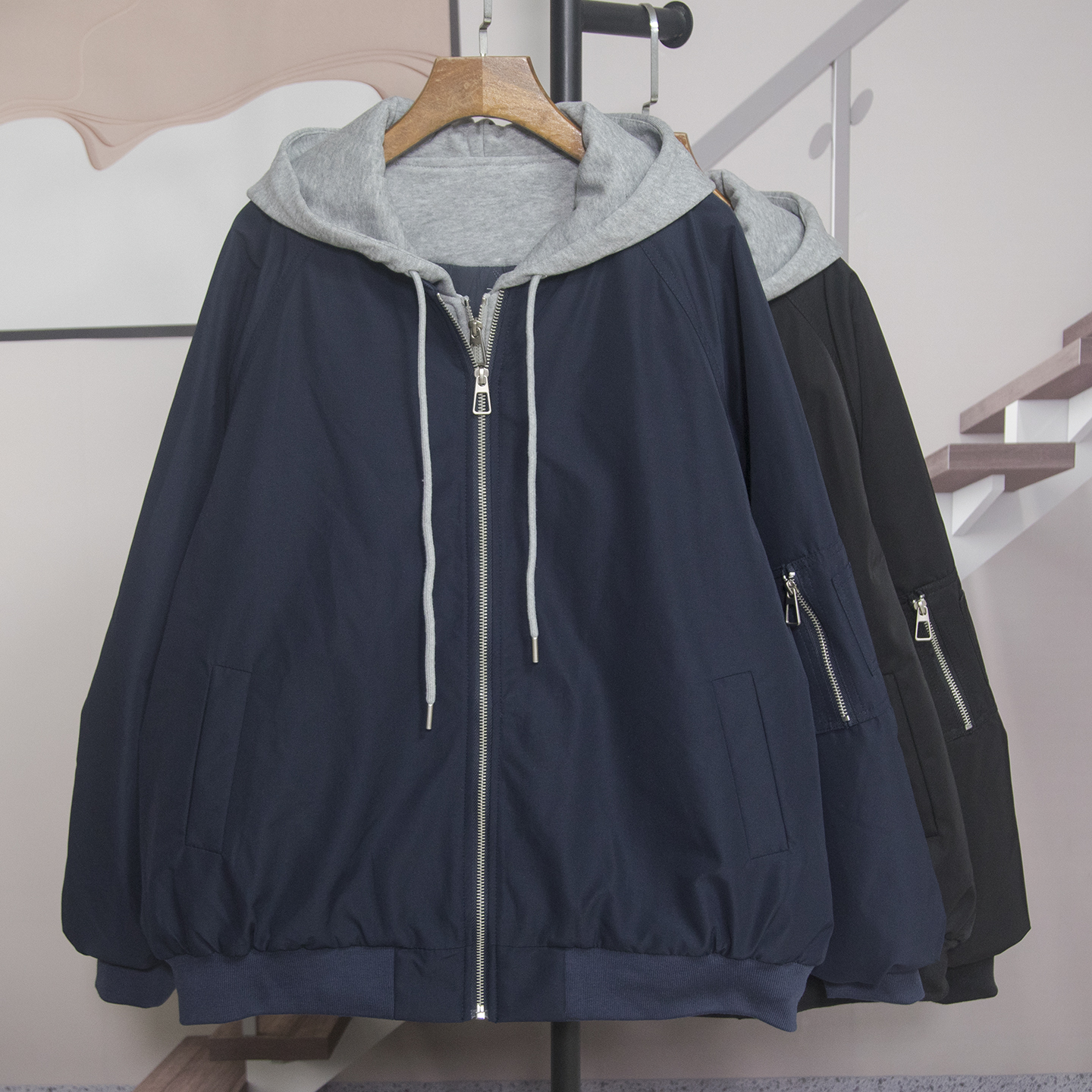 休闲连帽假两件夹棉外套女2025秋冬新款百搭宽松大版型上衣潮5275