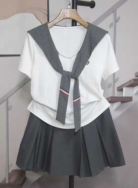 学院风套装女2026夏季新款短袖T恤上衣百褶裙两件套小个子潮7736