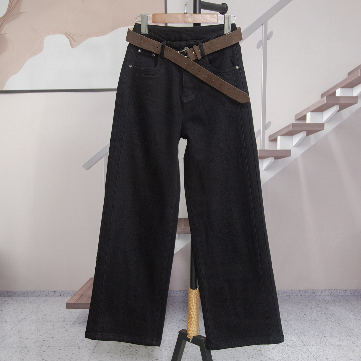 抓绒直筒阔腿裤牛仔裤