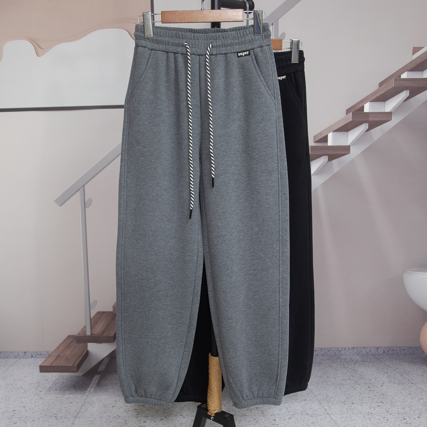 时尚松紧腰抽绳束脚加绒卫裤