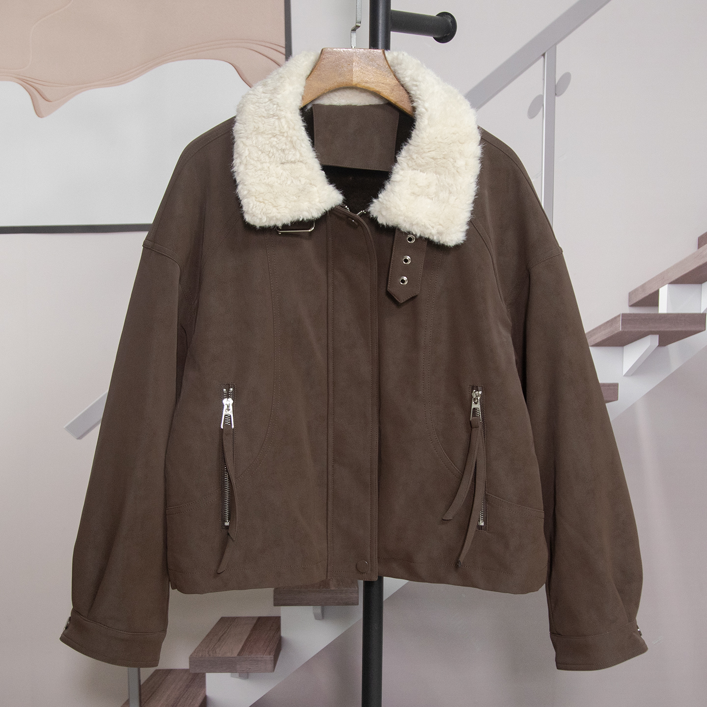 洋气翻领加绒皮衣外套