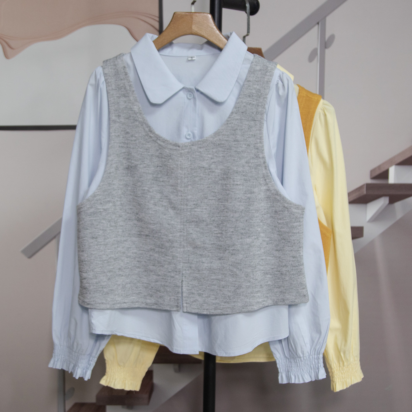 学院风马甲叠穿衬衫女长袖2026春季新款百搭显瘦两件套上衣潮X202